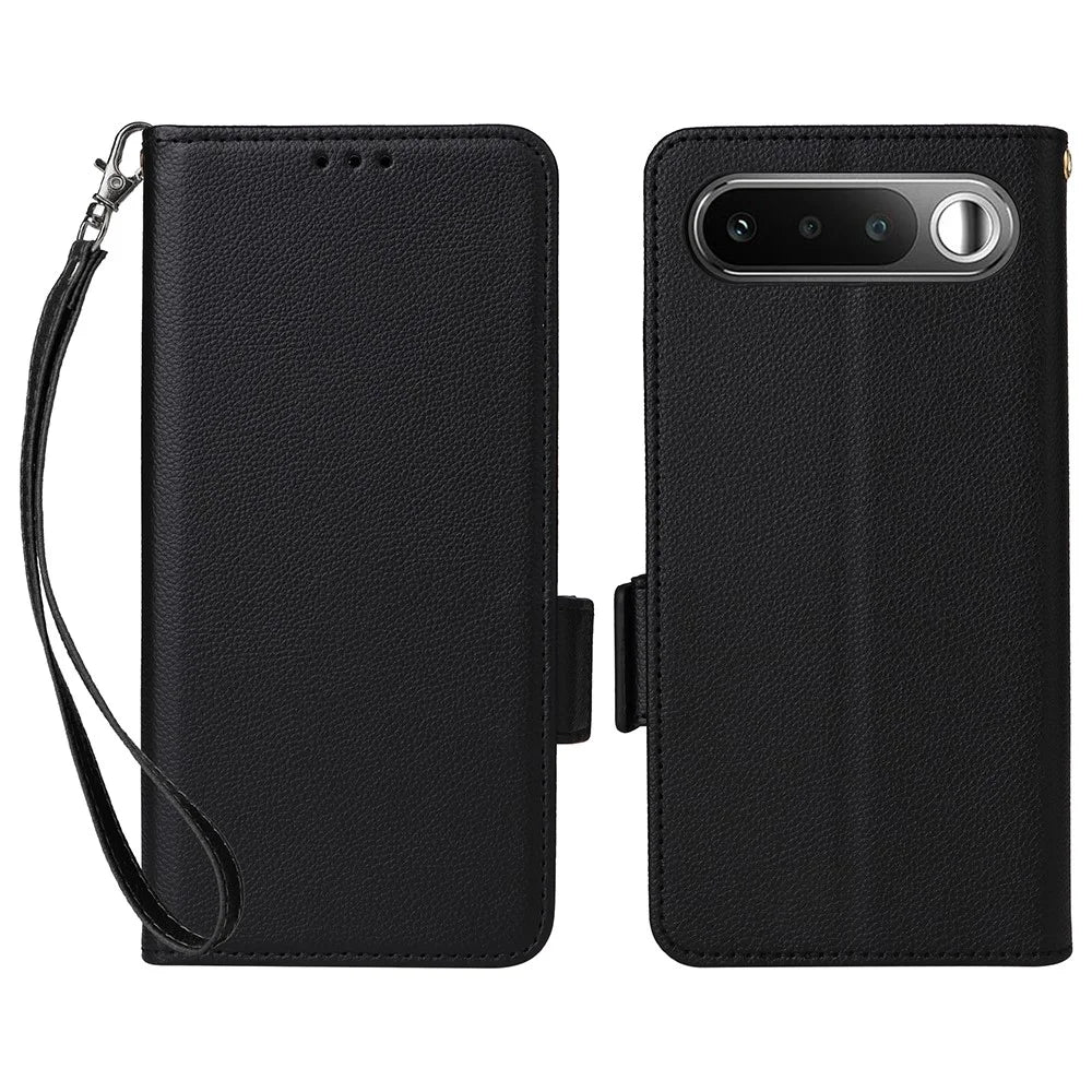 For Realme 16 5G Phone Case Litchi Texture Wallet Leather Phone Cover with Wrist Strap - Black - 1