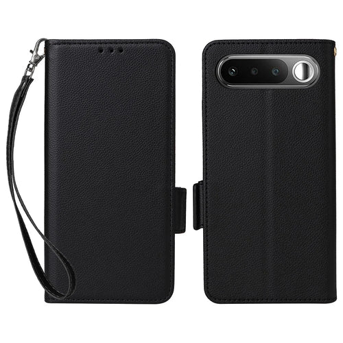 For Realme 16 5G Phone Case Litchi Texture Wallet Leather Phone Cover with Wrist Strap - Black - 1