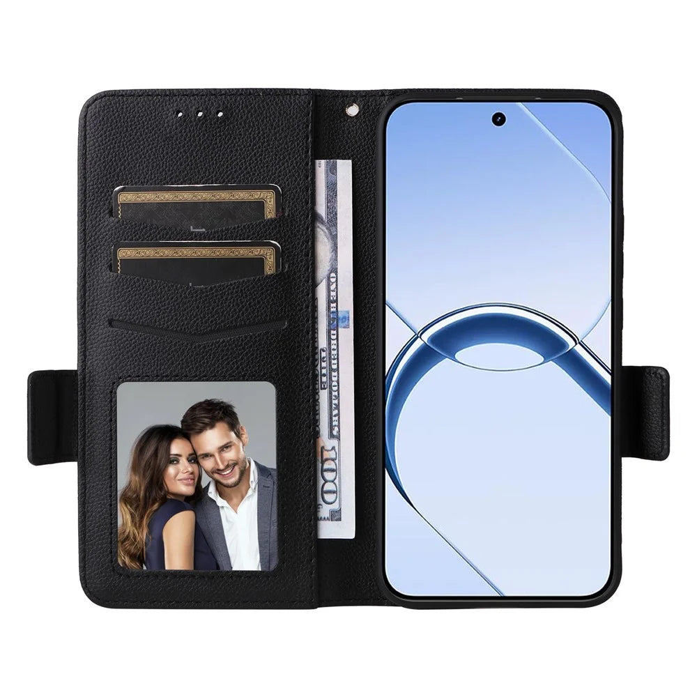 For Realme 16 5G Phone Case Litchi Texture Wallet Leather Phone Cover with Wrist Strap - Black - 2