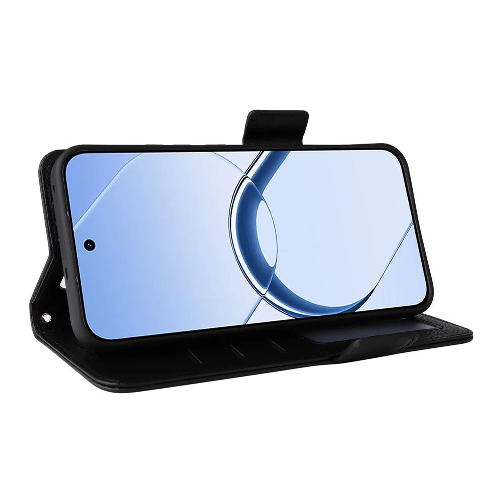 For Realme 16 5G Phone Case Litchi Texture Wallet Leather Phone Cover with Wrist Strap - Black - 3