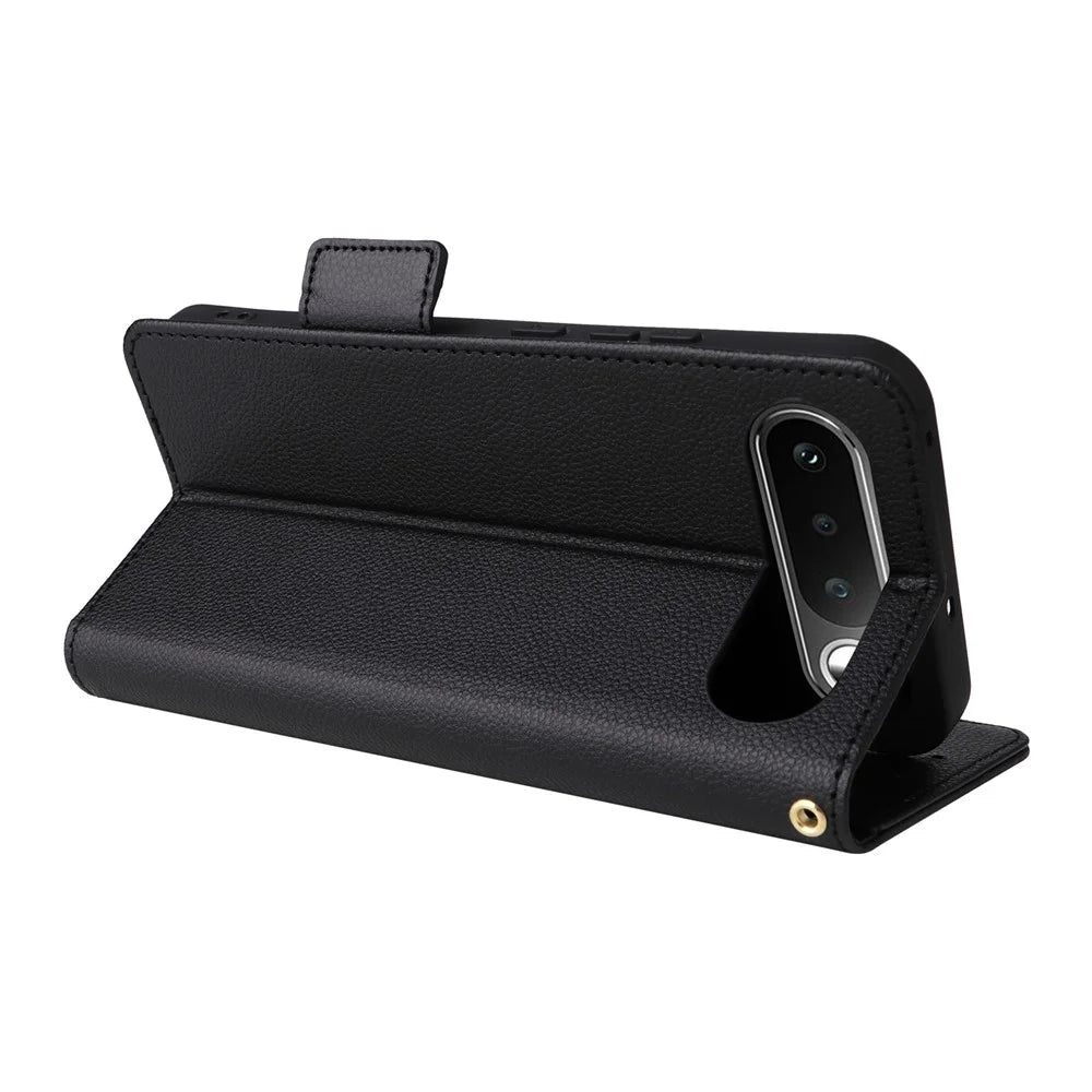 For Realme 16 5G Phone Case Litchi Texture Wallet Leather Phone Cover with Wrist Strap - Black - 4