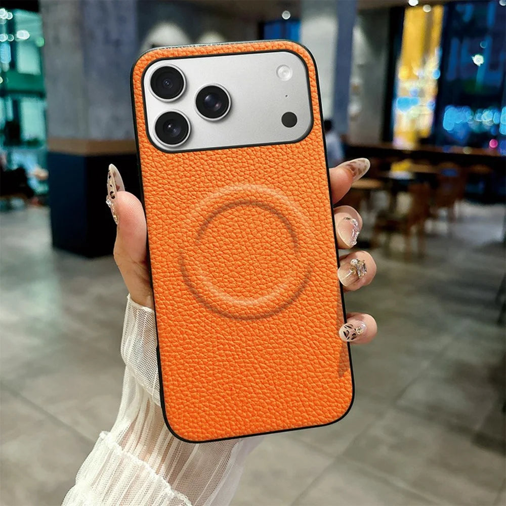 For iPhone 17 Pro Magnetic Case Litchi Texture PU Leather Coated PC + TPU Protective Phone Cover Compatible with Magsafe - Orange - 1