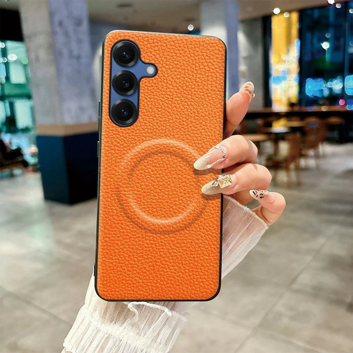 For Samsung Galaxy S26+ Magnetic Case Litchi Texture PU Leather Coated PC + TPU Protective Phone Cover - Orange - 1