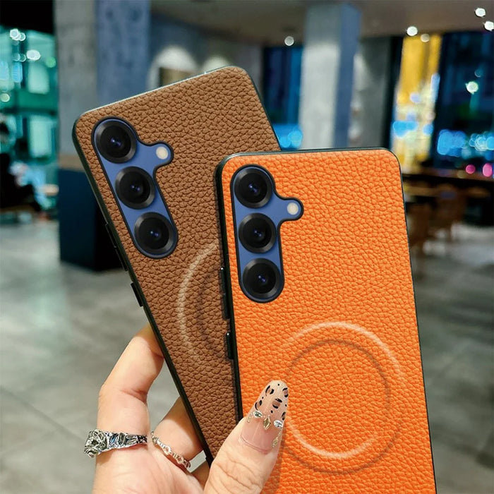 For Samsung Galaxy S26+ Magnetic Case Litchi Texture PU Leather Coated PC + TPU Protective Phone Cover - Orange - 5