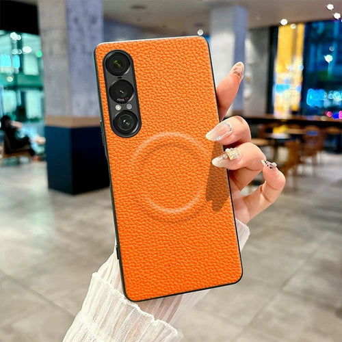For Sony Xperia 1 VII Magnetic Case Litchi Texture PU Leather Coated PC + TPU Protective Phone Cover - Orange - 1