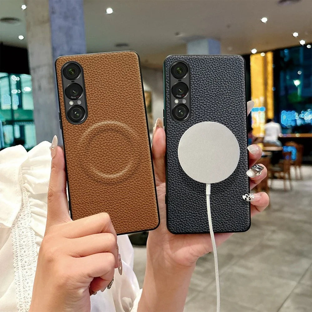 For Sony Xperia 1 VII Magnetic Case Litchi Texture PU Leather Coated PC + TPU Protective Phone Cover - Orange - 3