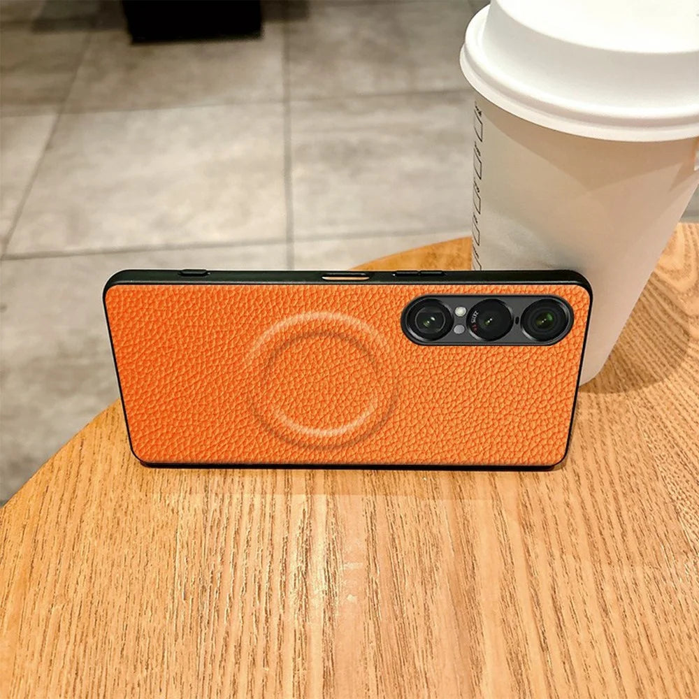For Sony Xperia 1 VII Magnetic Case Litchi Texture PU Leather Coated PC + TPU Protective Phone Cover - Orange - 5
