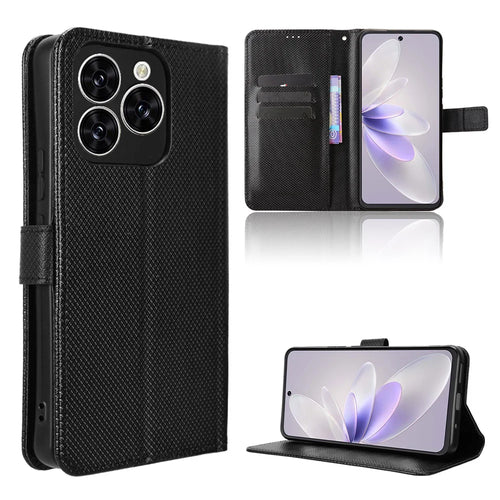 For Cubot Note 60 Leather Wallet Case with Strap Diamond Texture Phone Cover - Black - 1