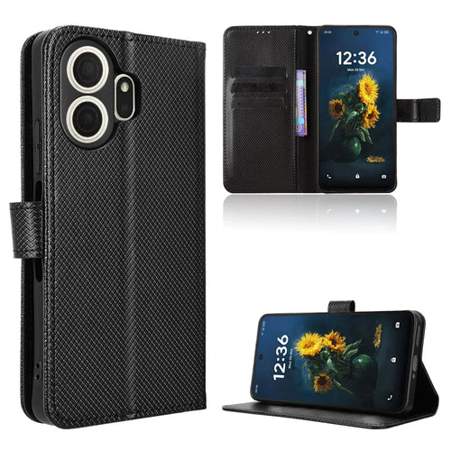 For TCL NxtPaper 70 Pro 5G Leather Wallet Case with Strap Diamond Texture Phone Cover - Black - 1