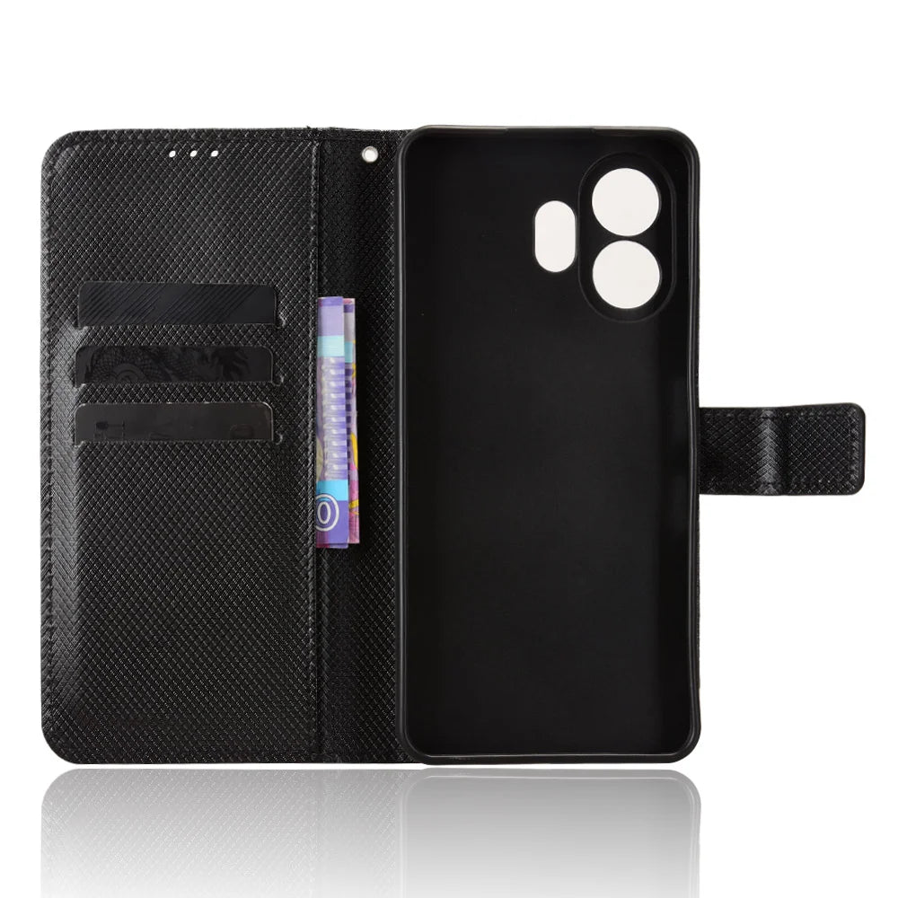 For TCL NxtPaper 70 Pro 5G Leather Wallet Case with Strap Diamond Texture Phone Cover - Black - 5