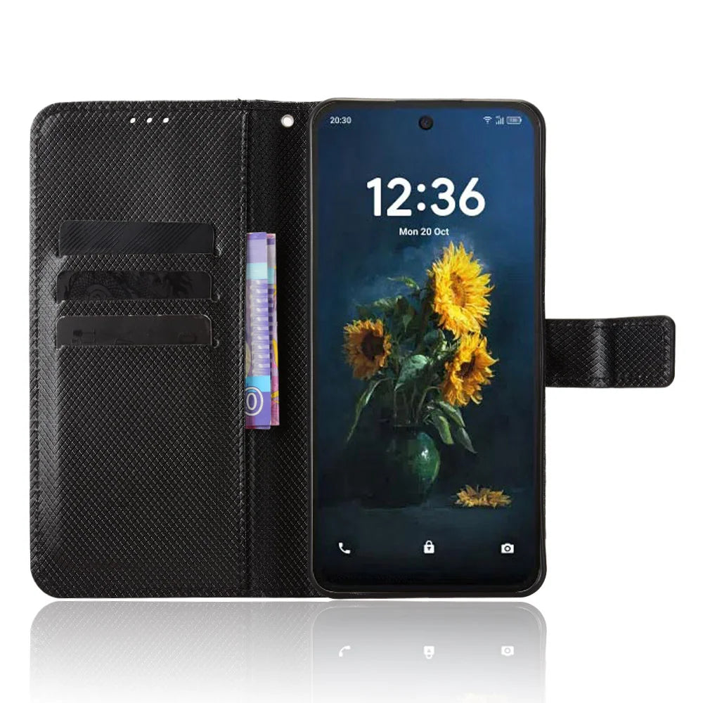 For TCL NxtPaper 70 Pro 5G Leather Wallet Case with Strap Diamond Texture Phone Cover - Black - 6