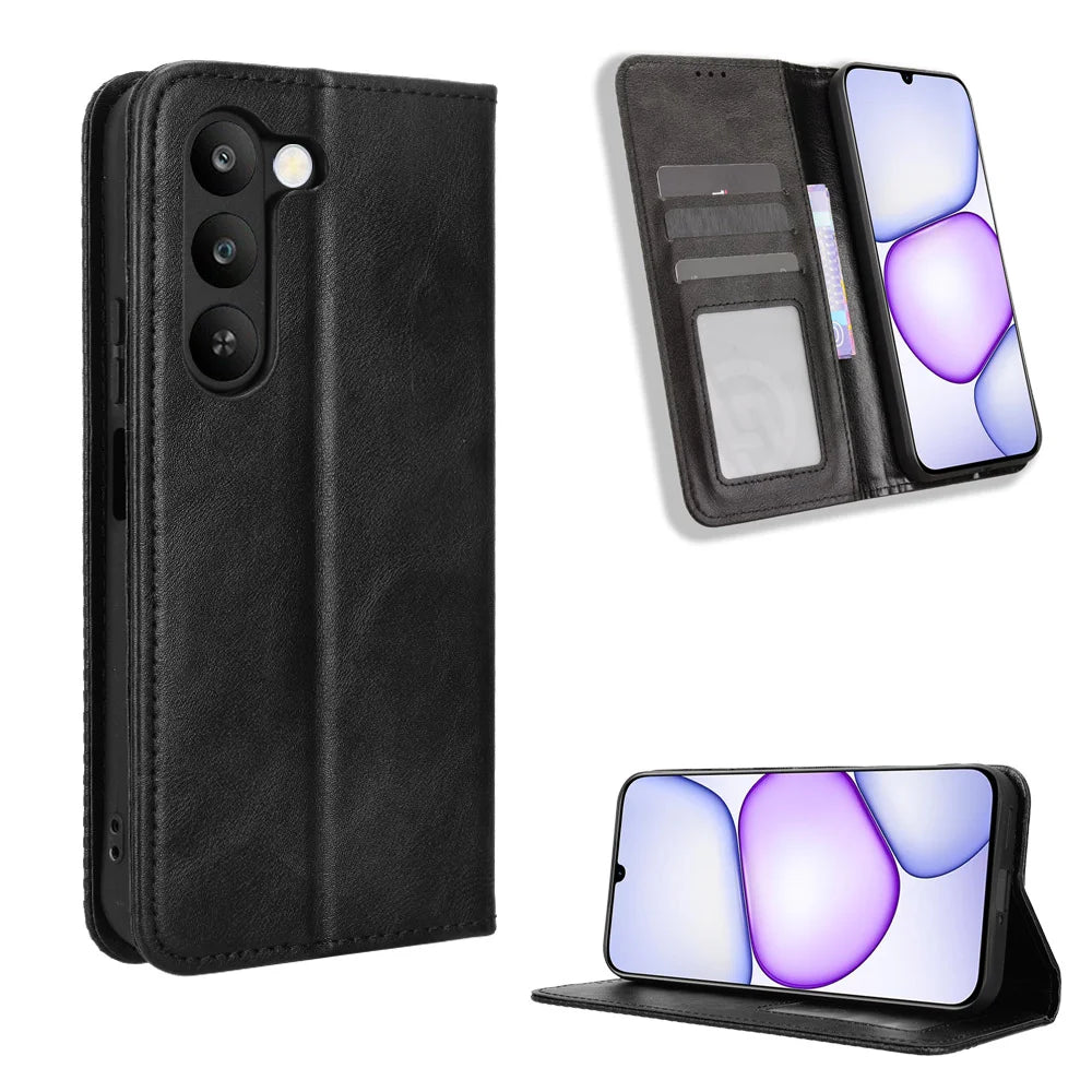 For Realme C100 5G / C83 5G Leather Case Wallet Stand Retro Texture Phone Cover - Black - 1