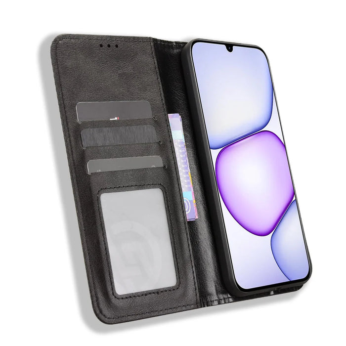 For Realme C100 5G / C83 5G Leather Case Wallet Stand Retro Texture Phone Cover - Black - 6