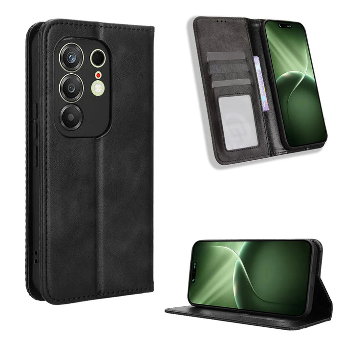 For TECNO Camon 50 4G Leather Case Wallet Stand Retro Texture Phone Cover - Black - 1