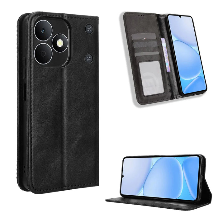 For Realme Note 80 4G Leather Case Wallet Stand Retro Texture Phone Cover - Black - 1