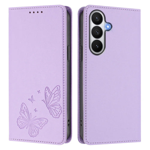 For Samsung Galaxy S26 Wallet Case RFID Blocking Butterfly Imprinted Magnetic Flip Leather Cover - Light Purple - 1