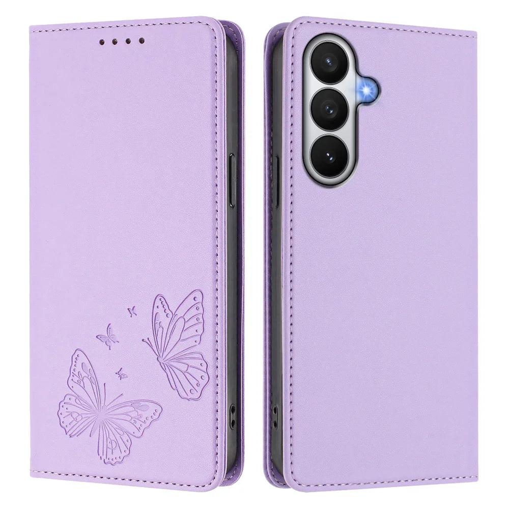 For Samsung Galaxy S26 Wallet Case RFID Blocking Butterfly Imprinted Magnetic Flip Leather Cover - Light Purple - 1
