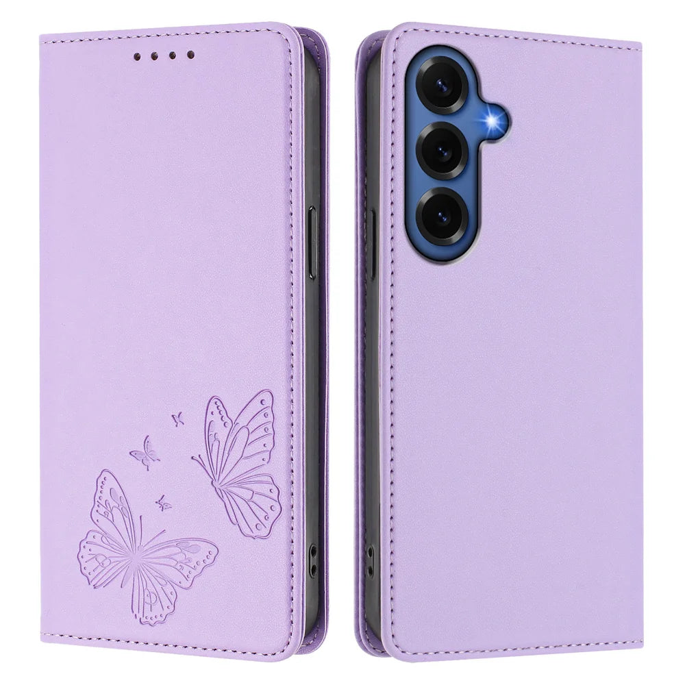 For Samsung Galaxy S26+ Wallet Case RFID Blocking Butterfly Imprinted Magnetic Flip Leather Cover - Light Purple - 1