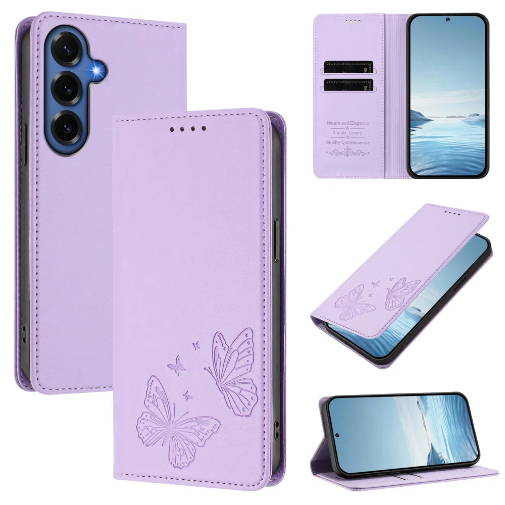 For Samsung Galaxy S26+ Wallet Case RFID Blocking Butterfly Imprinted Magnetic Flip Leather Cover - Light Purple - 2