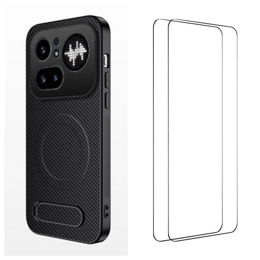 WANLONFENG For Nothing Phone (4a) Pro QT1 Series Magnetic Case with 2Pcs Tempered Glass Films Kickstand Carbon Fiber Texture PC TPU Phone Cover - Black - 1