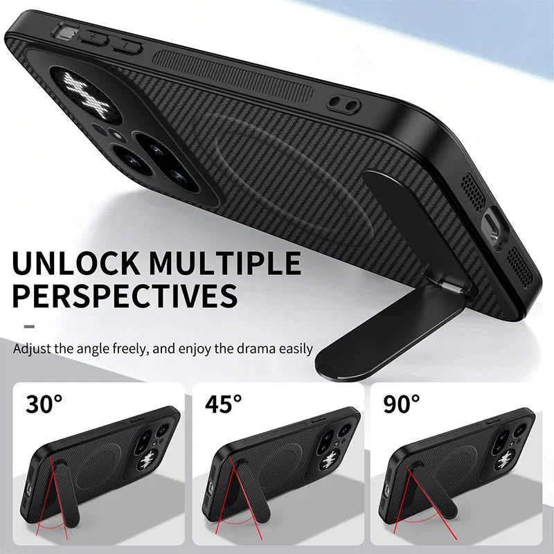 WANLONFENG For Nothing Phone (4a) Pro QT1 Series Magnetic Case with 2Pcs Tempered Glass Films Kickstand Carbon Fiber Texture PC TPU Phone Cover - Black - 4
