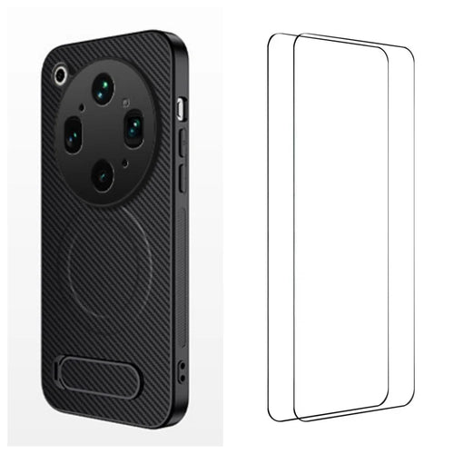 WANLONFENG For Oppo Find X9 Ultra 5G QT1 Series Magnetic Case with 2Pcs Tempered Glass Films Kickstand Carbon Fiber Texture PC TPU Phone Cover - Black - 1