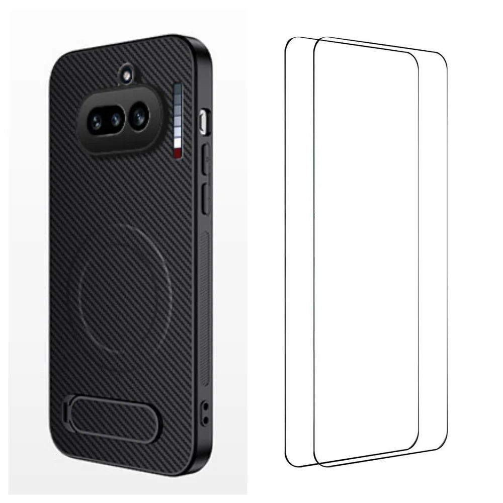 WANLONFENG For Nothing Phone (4a) QT1 Series Magnetic Case with 2Pcs Tempered Glass Films Kickstand Carbon Fiber Texture PC TPU Phone Cover - Black - 1