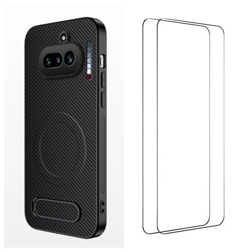 WANLONFENG For Nothing Phone (4a) QT1 Series Magnetic Case with 2Pcs Tempered Glass Films Kickstand Carbon Fiber Texture PC TPU Phone Cover - Black - 1
