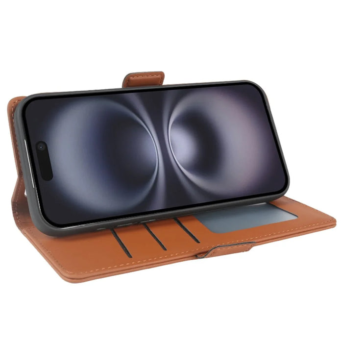 For iPhone 16 Leather Case Wallet Stand TPU + PU Skin-touch Cover - Brown - 3