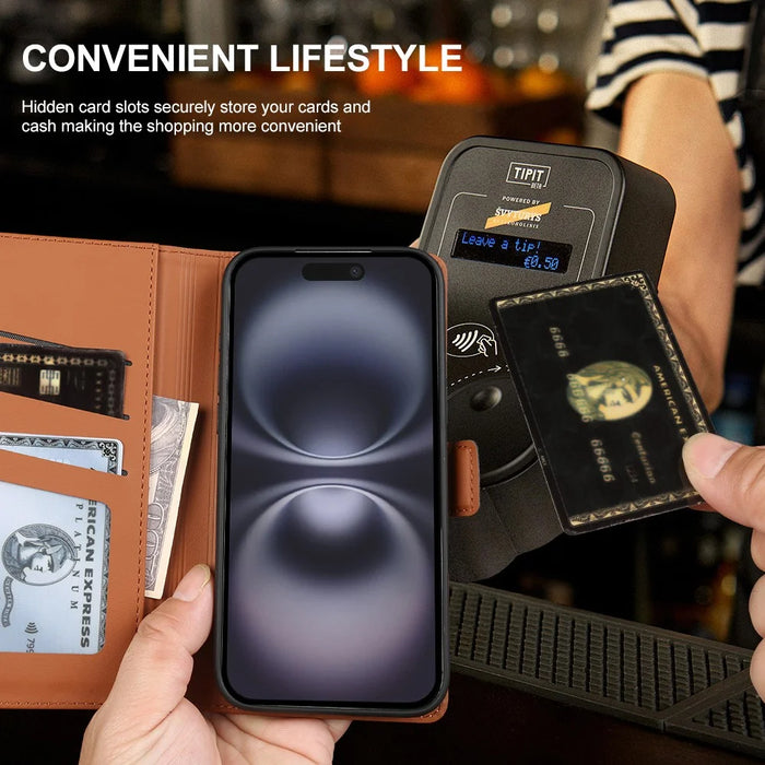 For iPhone 16 Leather Case Wallet Stand TPU + PU Skin-touch Cover - Brown - 5