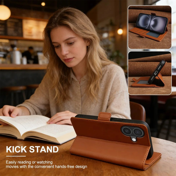 For iPhone 16 Leather Case Wallet Stand TPU + PU Skin-touch Cover - Brown - 6