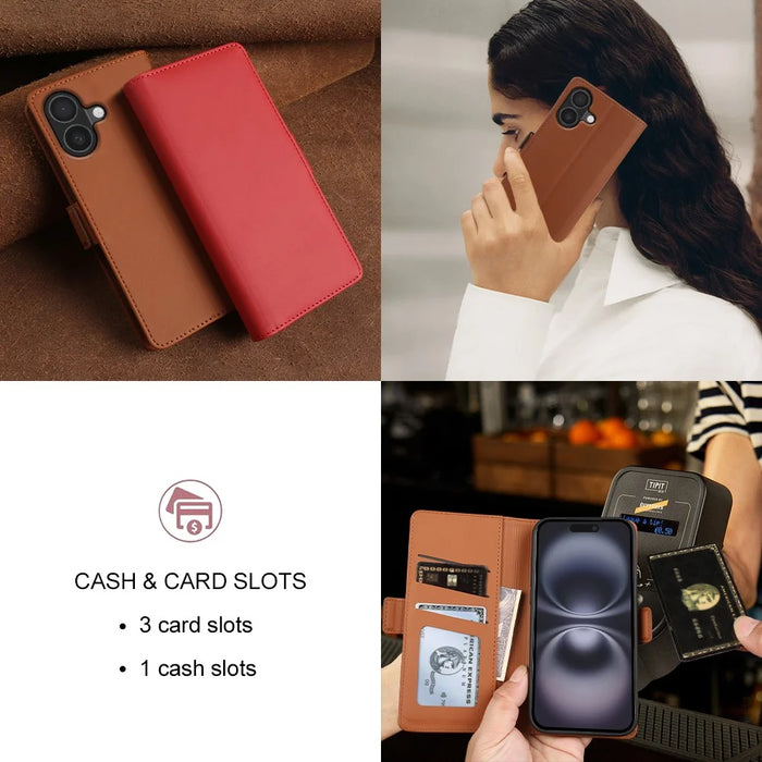 For iPhone 16 Leather Case Wallet Stand TPU + PU Skin-touch Cover - Brown - 7