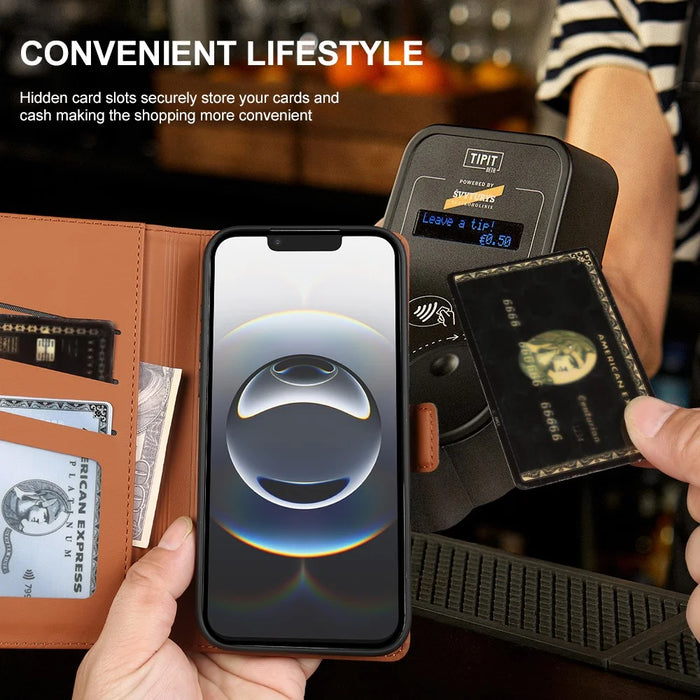 For iPhone 16e / 17e Leather Case Wallet Stand TPU + PU Skin-touch Cover - Brown - 5