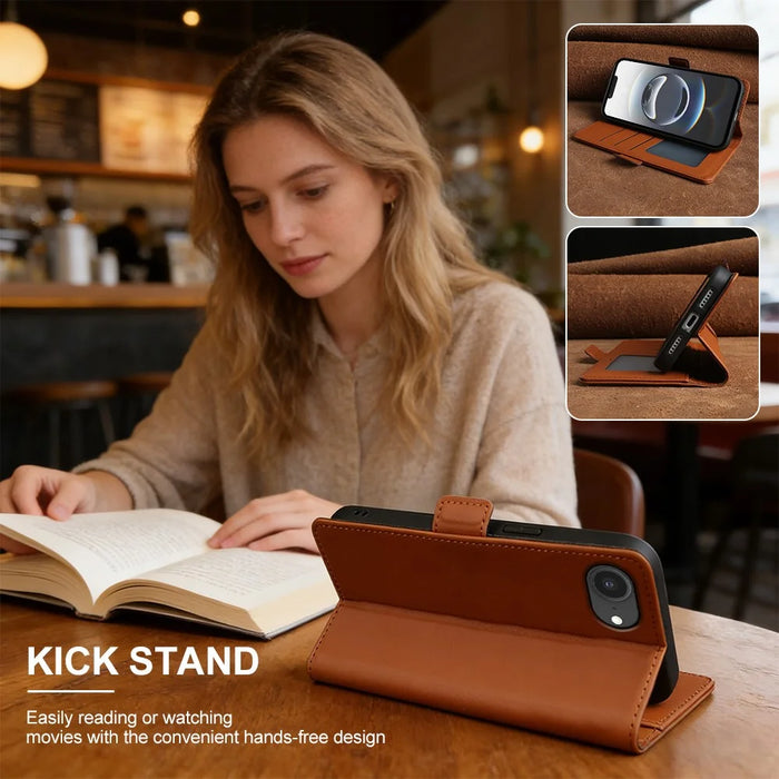 For iPhone 16e / 17e Leather Case Wallet Stand TPU + PU Skin-touch Cover - Brown - 6