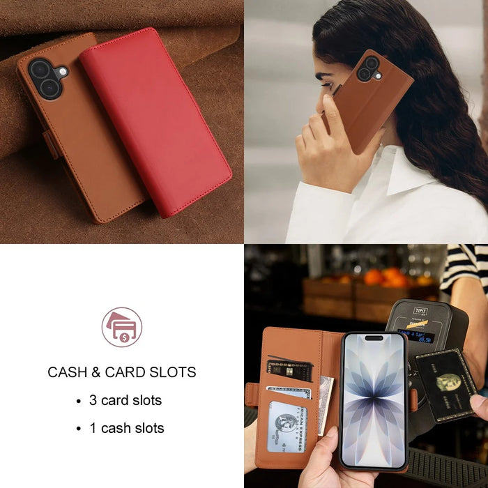 For iPhone 17 Leather Case Wallet Stand TPU + PU Skin-touch Cover - Brown - 7