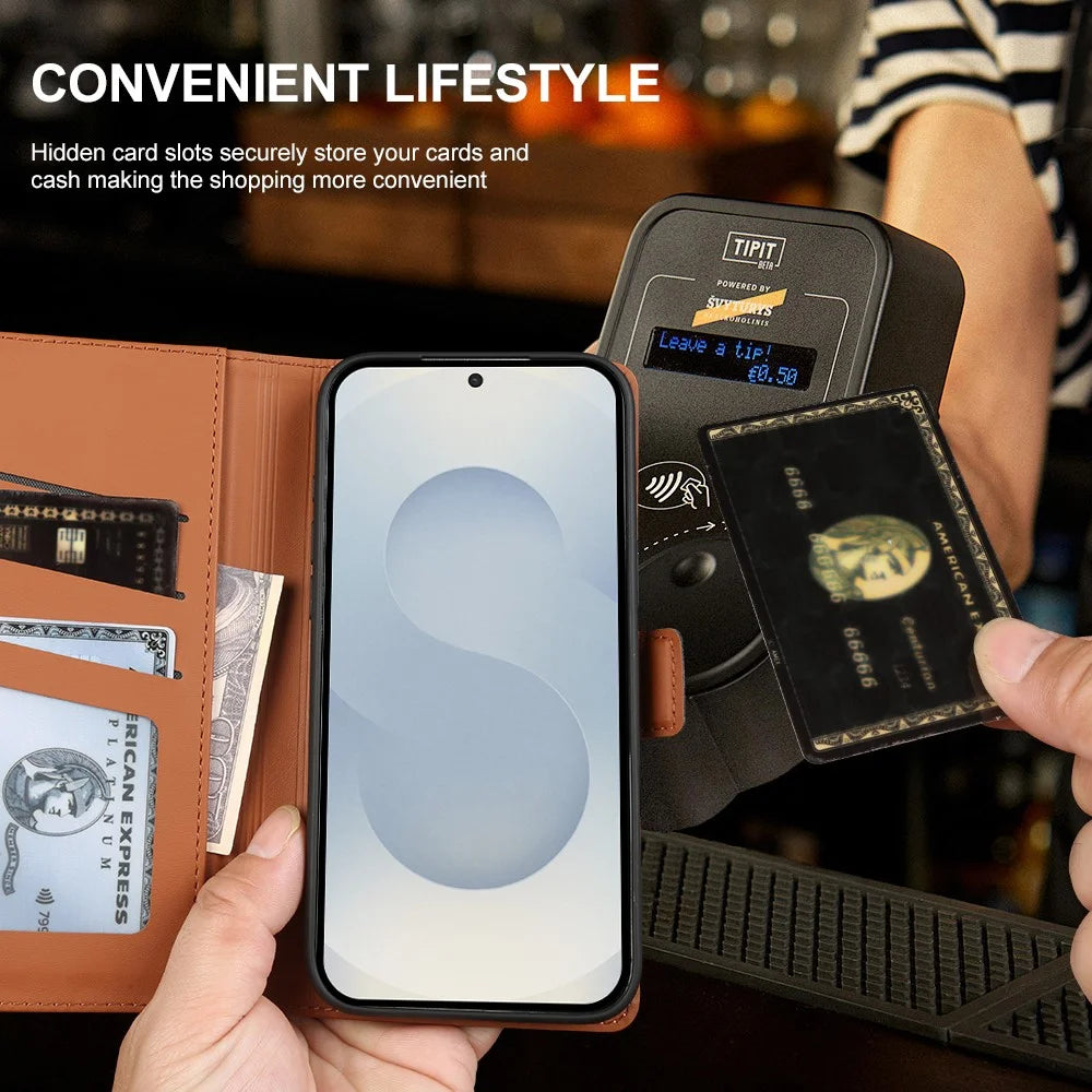 For Samsung Galaxy S25 Leather Case Wallet Stand TPU + PU Skin-touch Cover - Brown - 5