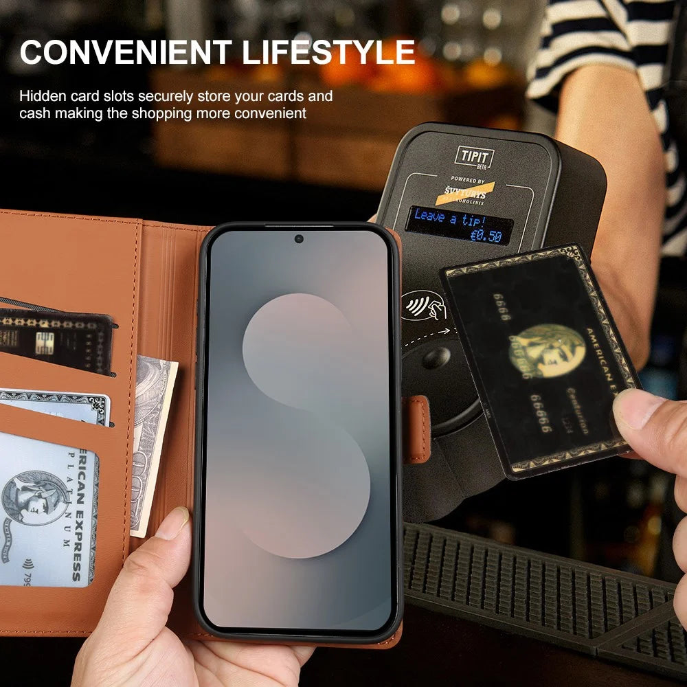 For Samsung Galaxy S25 FE Leather Case Wallet Stand TPU + PU Skin-touch Cover - Brown - 5