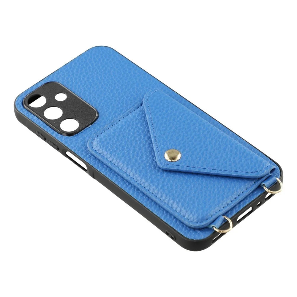 For Samsung Galaxy A37 5G Case Card Holder Litchi Texture PU Leather + TPU Phone Cover with Straps - Blue - 5