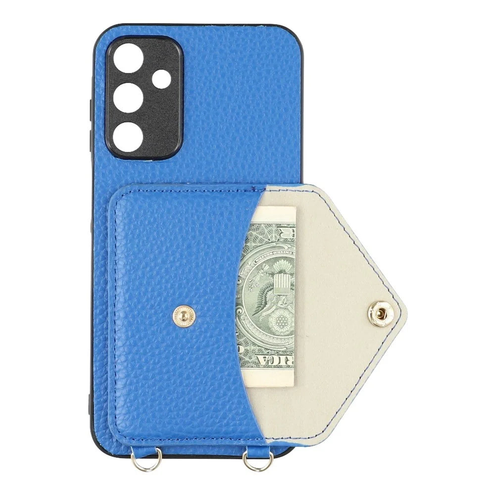 For Samsung Galaxy A57 5G Case Card Holder Litchi Texture PU Leather + TPU Phone Cover with Straps - Blue - 3