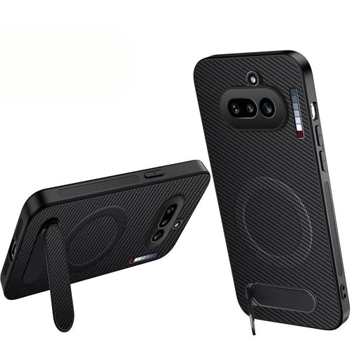 WANLONFENG For Nothing Phone (4a) QT Series Magnetic Case Kickstand Carbon Fiber Texture PC TPU Phone Cover - Black - 1