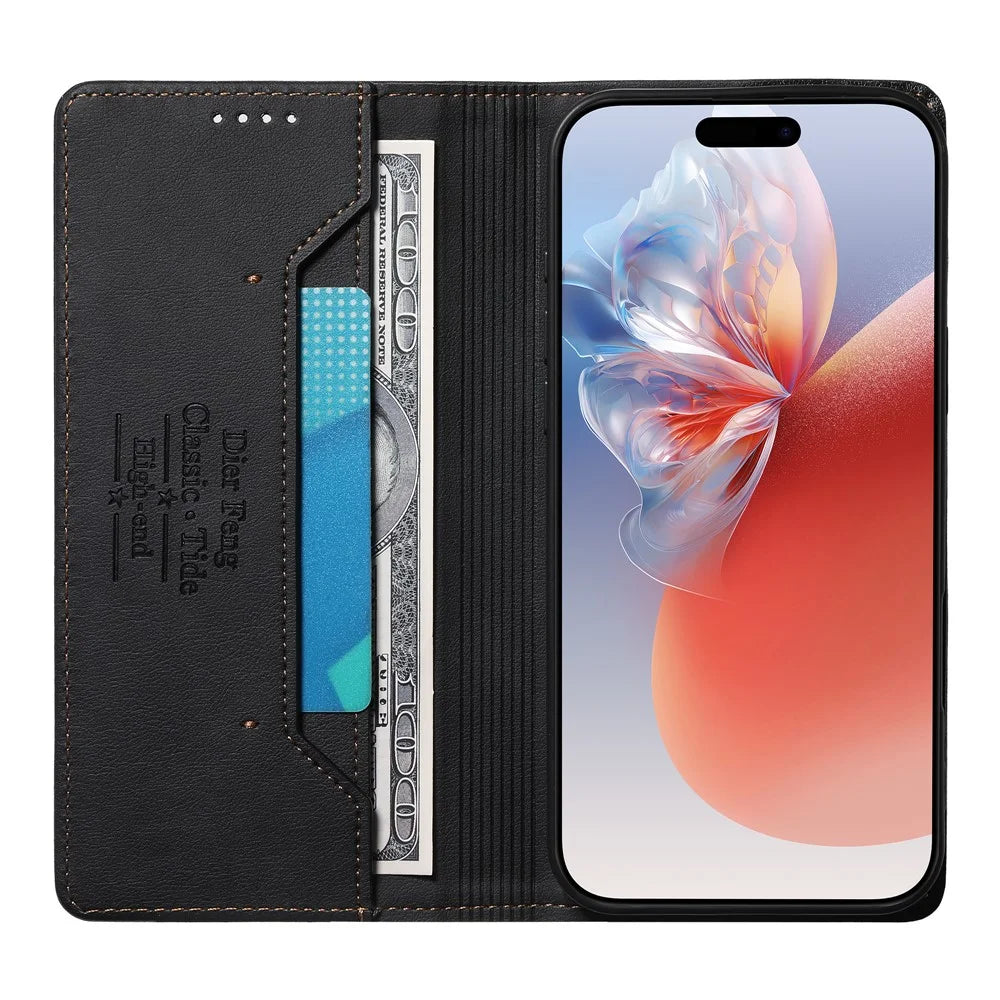 DIERFENG DF-019 for iPhone 17 Leather Wallet Case Card Slots RFID Blocking Magnetic Flip Cover - Black - 3