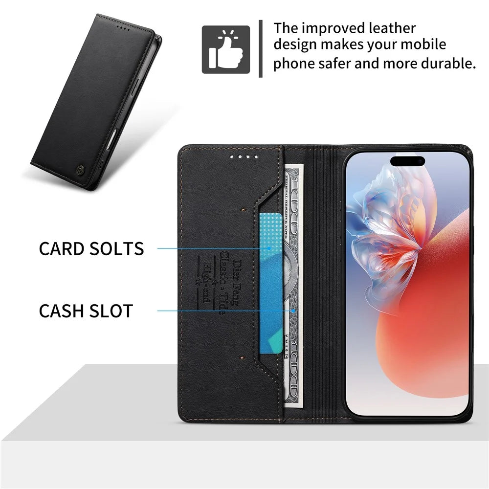 DIERFENG DF-019 for iPhone 17 Leather Wallet Case Card Slots RFID Blocking Magnetic Flip Cover - Black - 6