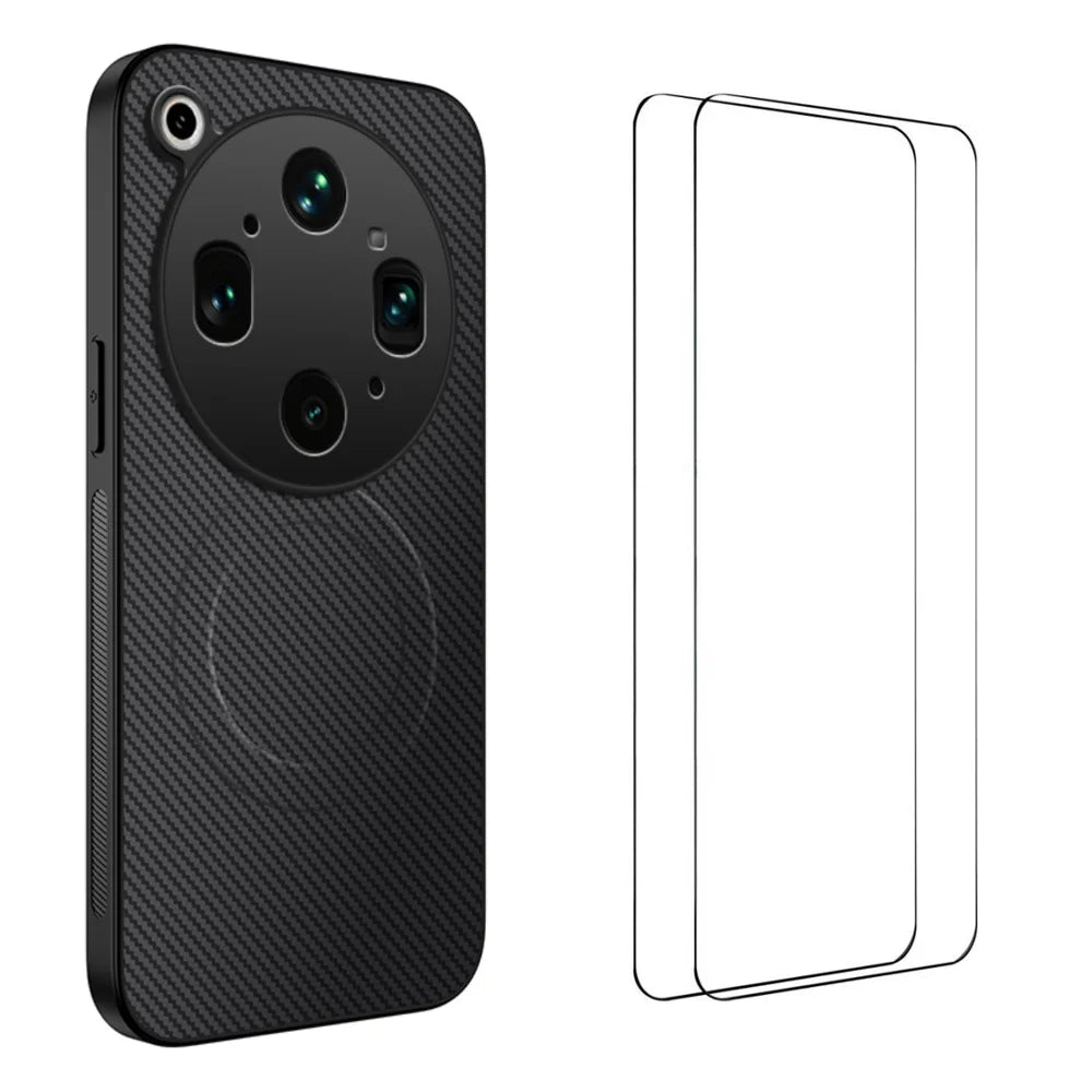 WANLONFENG For Oppo Find X9 Ultra 5G TQ1 Series Magnetic Case Carbon Fiber Texture PC TPU Phone Cover with 2Pcs Screen Films - Black - 1