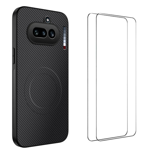 WANLONFENG For Nothing Phone (4a) TQ1 Series Magnetic Case Carbon Fiber Texture PC TPU Phone Cover with 2Pcs Screen Films - Black - 1