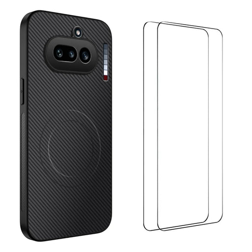 WANLONFENG For Nothing Phone (4a) TQ1 Series Magnetic Case Carbon Fiber Texture PC TPU Phone Cover with 2Pcs Screen Films - Black - 1