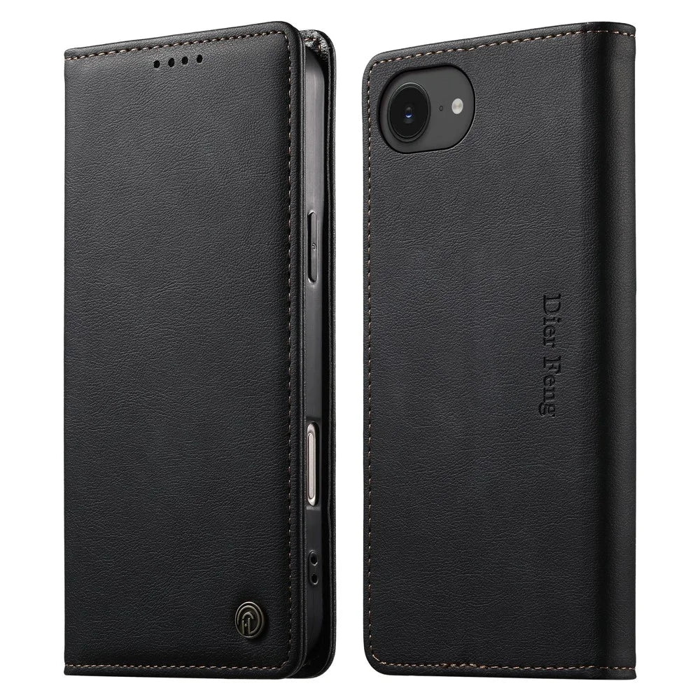 DIERFENG DF-019 Leather Wallet Case for iPhone 17e  /  16e Card Slots RFID Blocking Magnetic Flip Cover - Black - 1