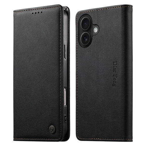 DIERFENG DF-019 for iPhone 16 Leather Wallet Case Card Slots RFID Blocking Magnetic Flip Cover - Black - 1