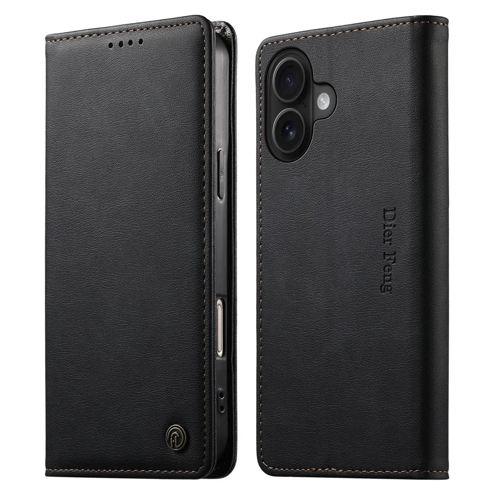 DIERFENG DF-019 for iPhone 16 Leather Wallet Case Card Slots RFID Blocking Magnetic Flip Cover - Black - 1