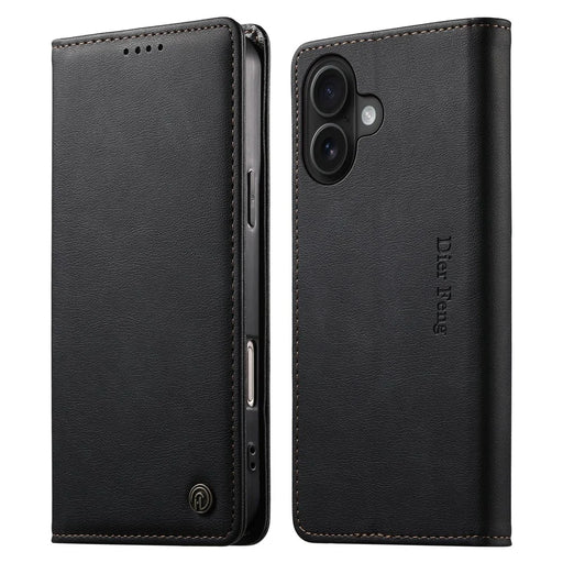 DIERFENG DF-019 for iPhone 16 Leather Wallet Case Card Slots RFID Blocking Magnetic Flip Cover - Black - 1