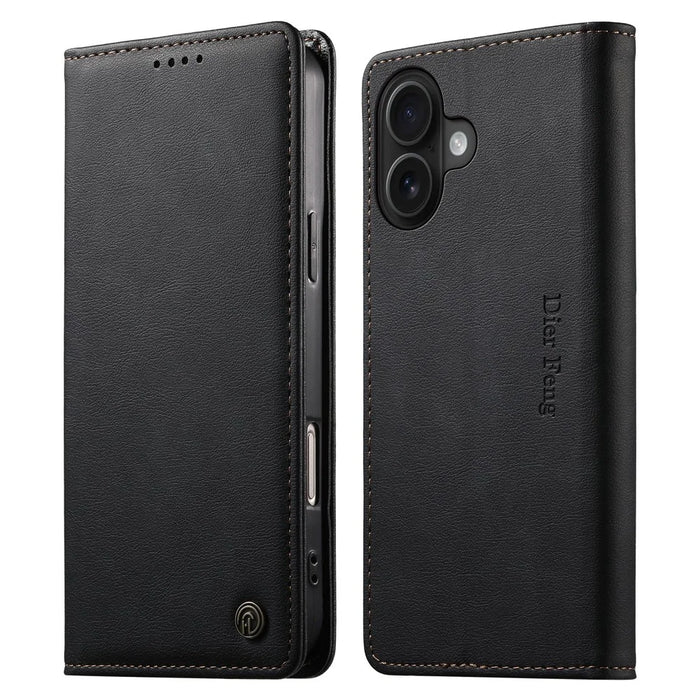 DIERFENG DF-019 for iPhone 16 Leather Wallet Case Card Slots RFID Blocking Magnetic Flip Cover - Black - 1